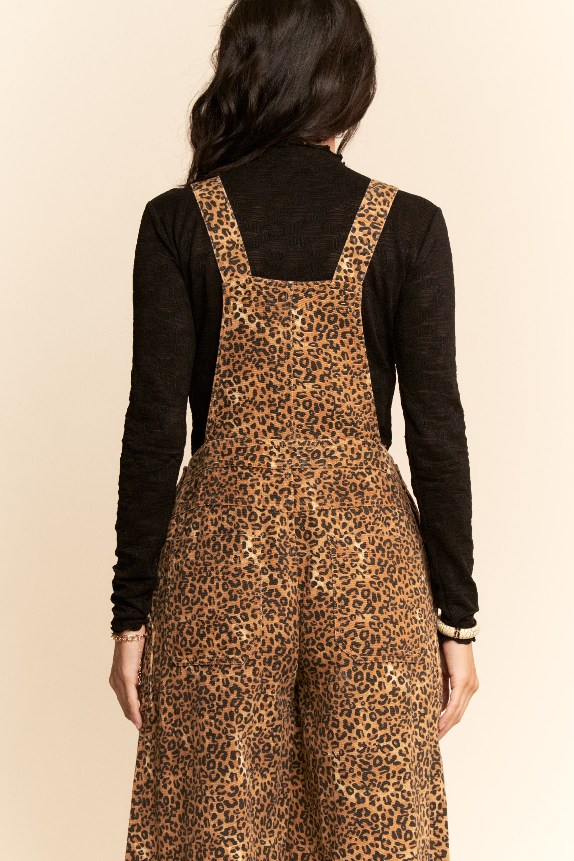 Denim Cheetah Wide Leg Overalls