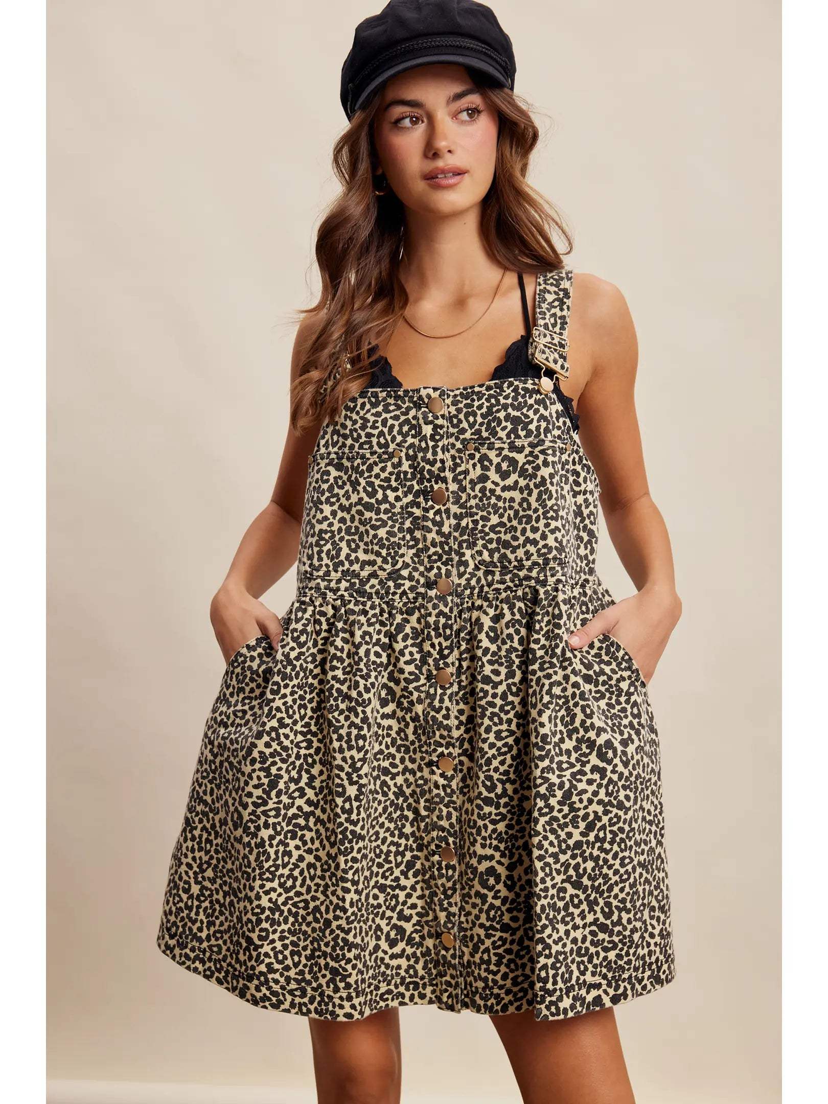 Leopard Love Button-Front Overall Mini Dress