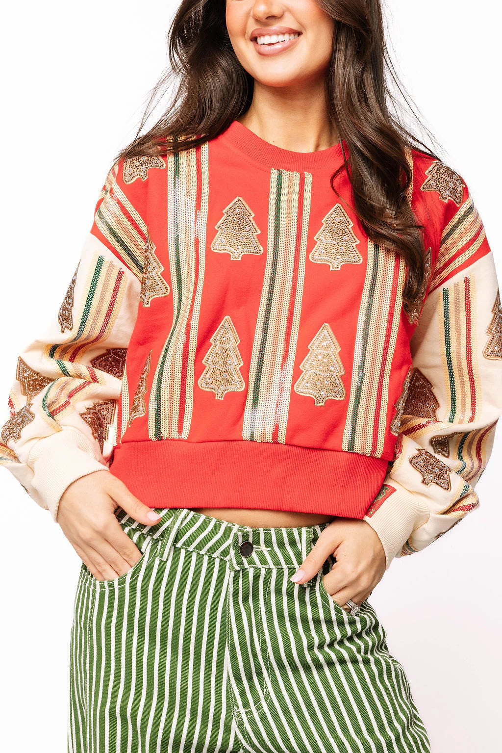 Red & Ivory Striped Christmas Cookie Sweatshirt  | Queen of Sparkles