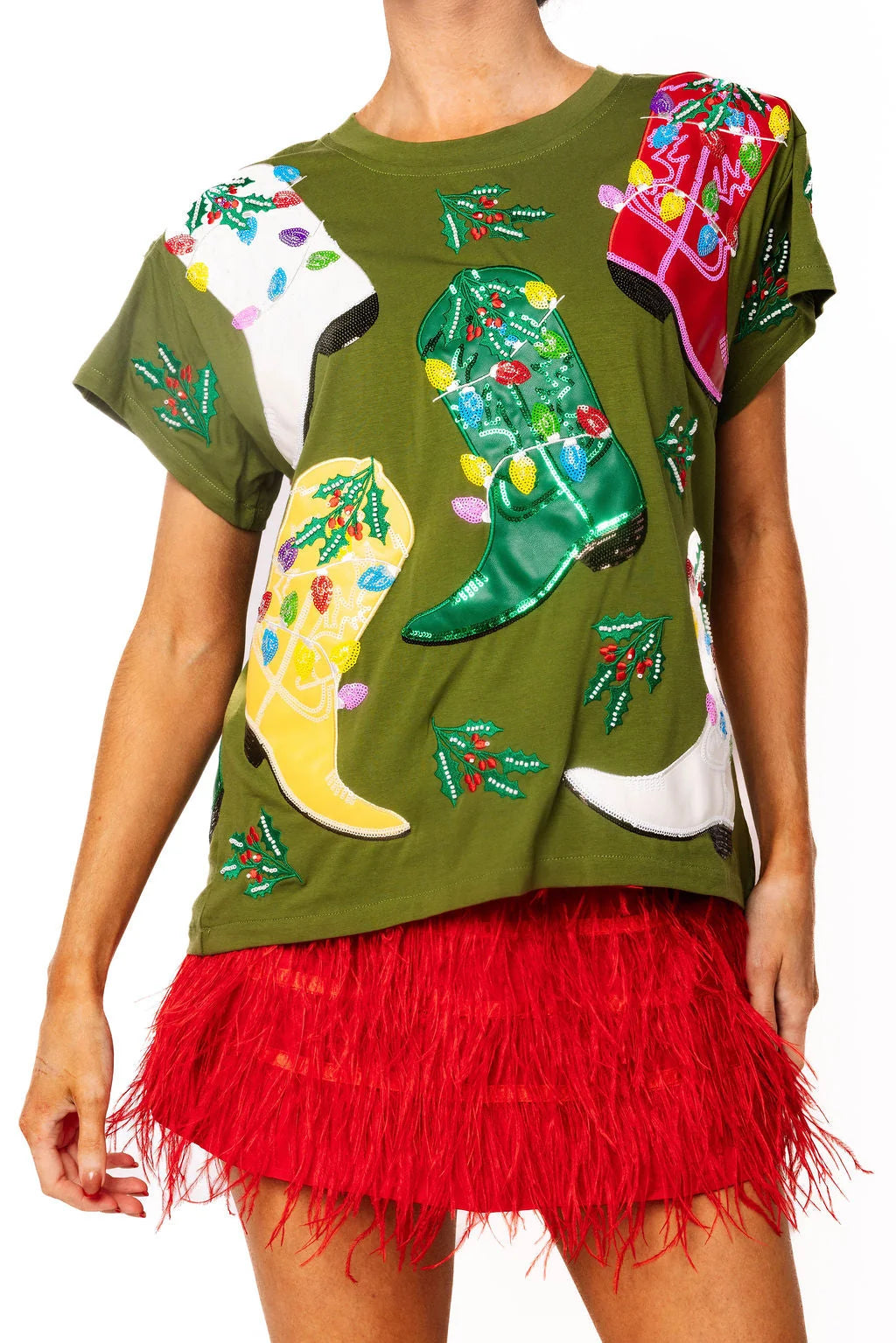 Green Multi Christmas Cowboy Boots Tee | Queen of Sparkles