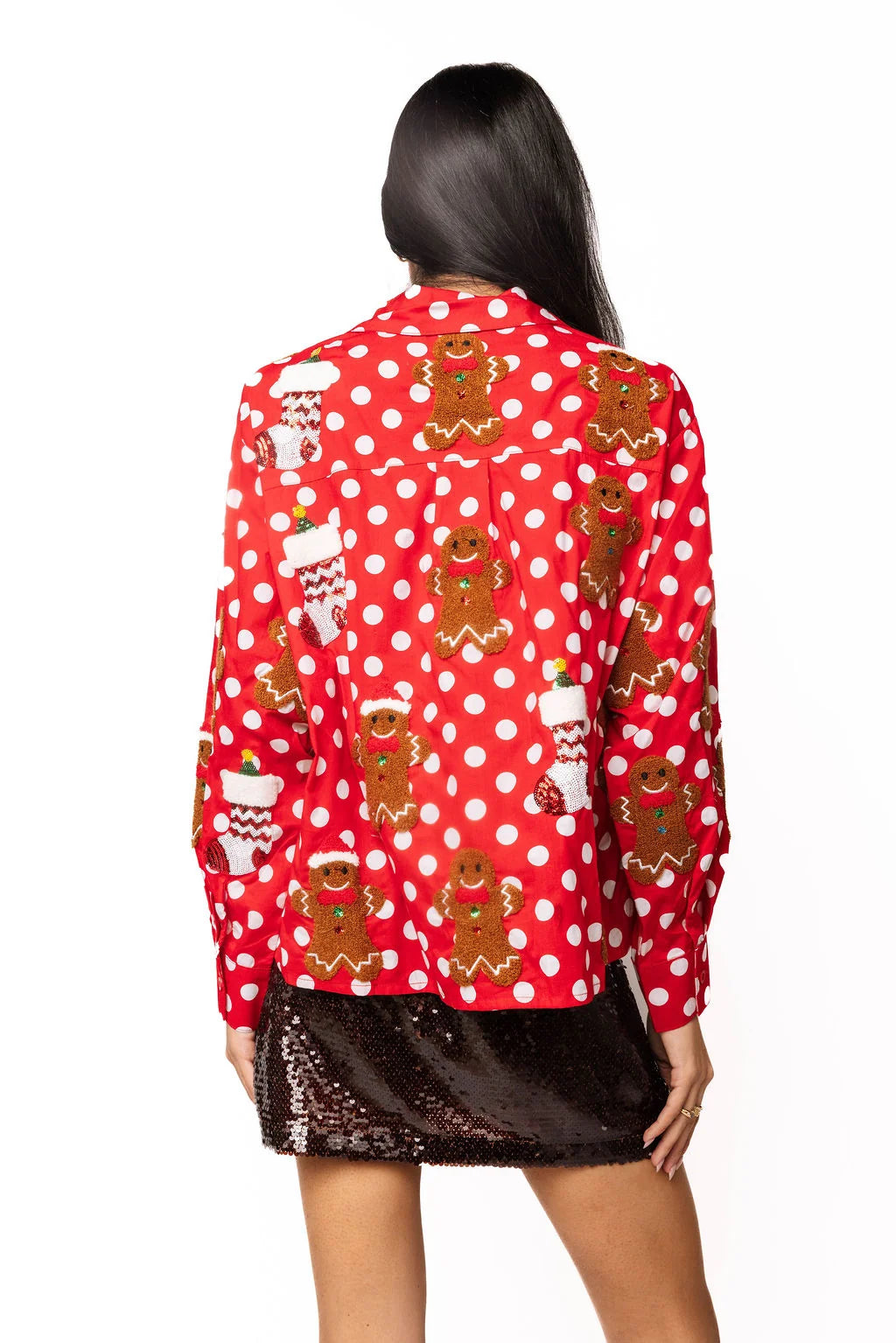 Red & White Polka Dot Gingerbread Man & Stocking Cotton Top | Queen of Sparkles