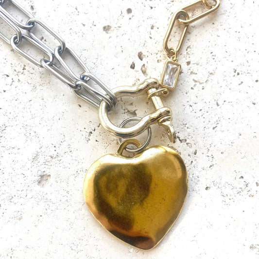 Steel Heart Mixed Metal Pendant Necklace