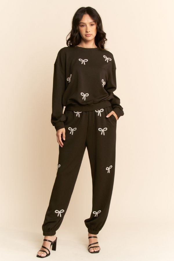 Rhinestone Bow Detail Sweatshirt Set | PLUS SIZE AVAILABLE