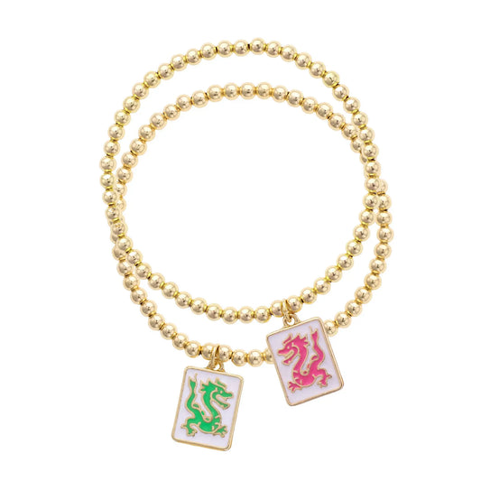 Pair of Dragons Mahjong Ball Bead Bracelet Set