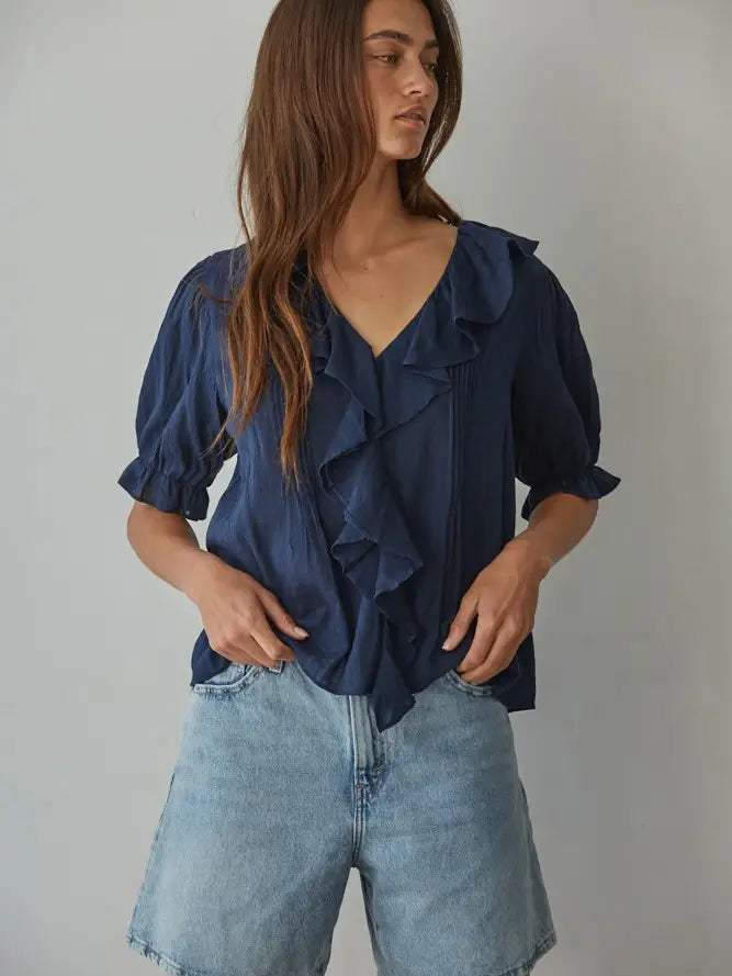 Riviera Woven Cotton V-Neck Short Sleeve Top