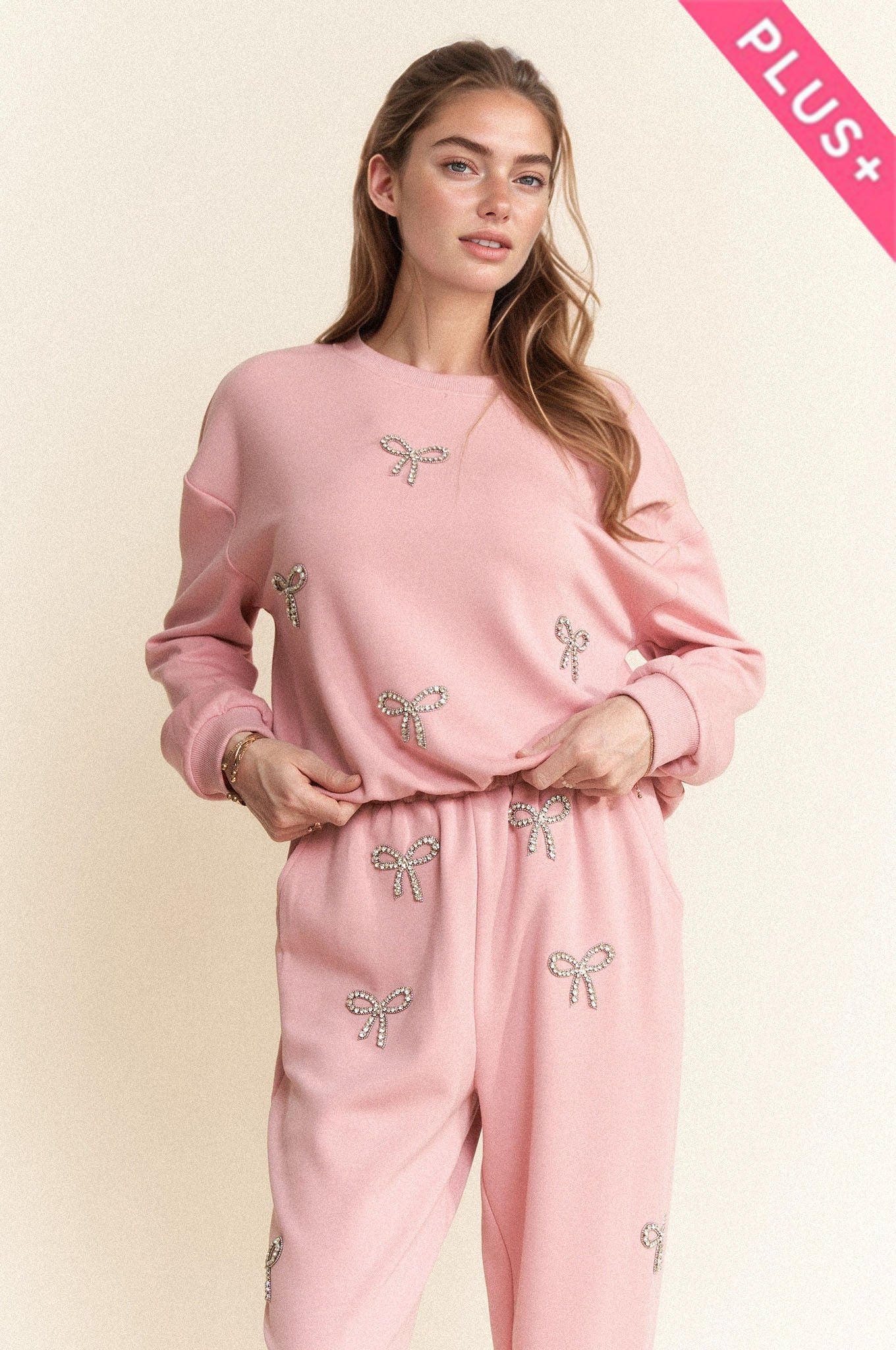 Rhinestone Bow Detail Sweatshirt Set | PLUS SIZE AVAILABLE
