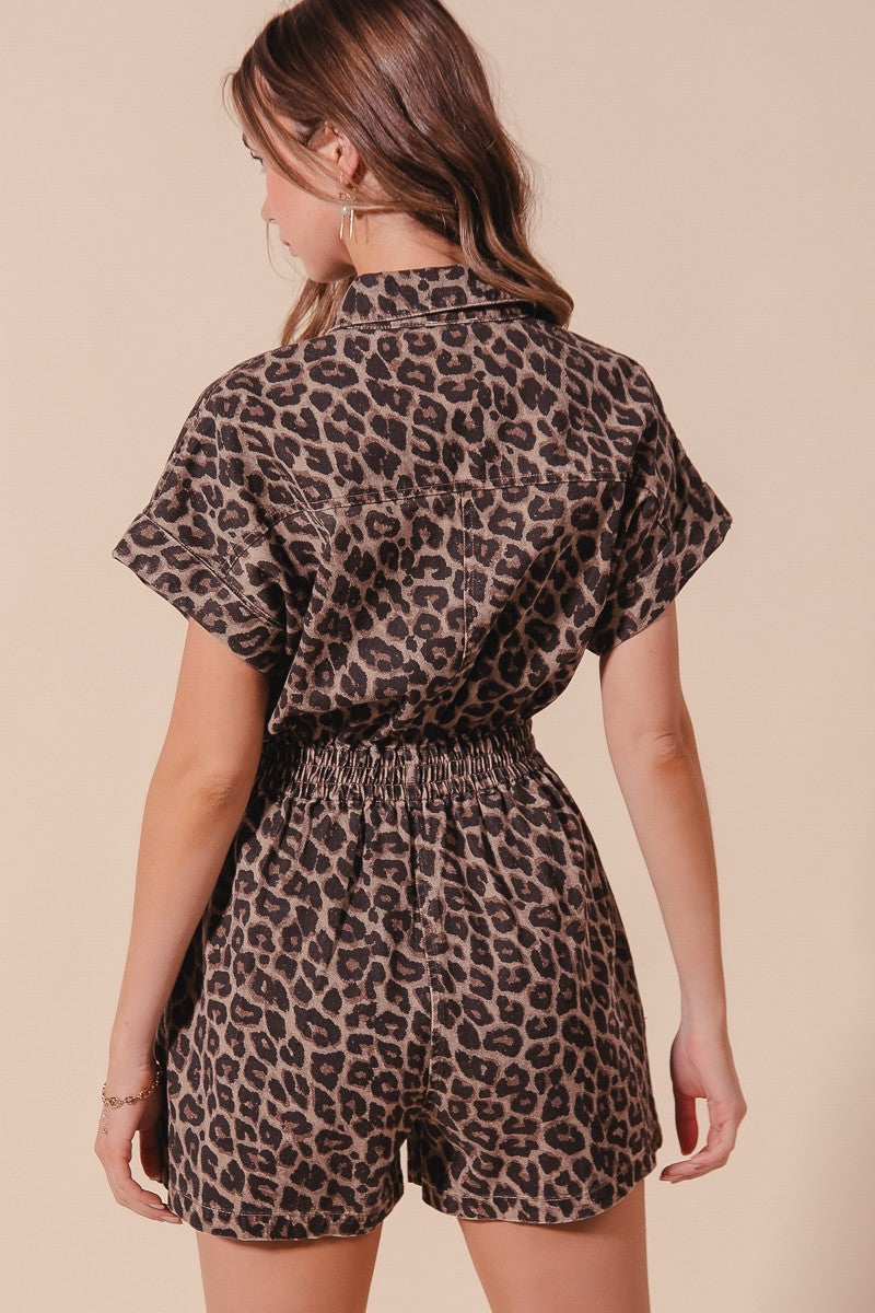 Leopard Twill Denim Romper