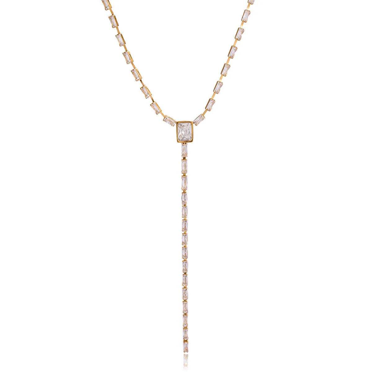 Waterproof Emerald Baguette Tennis Y Lariat Necklace