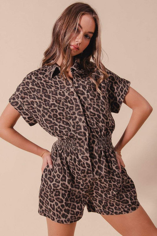 Leopard Twill Denim Romper