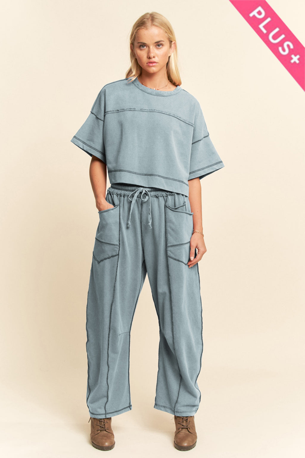 PLUS SIZE | Mineral Washed Barrel Pant Set