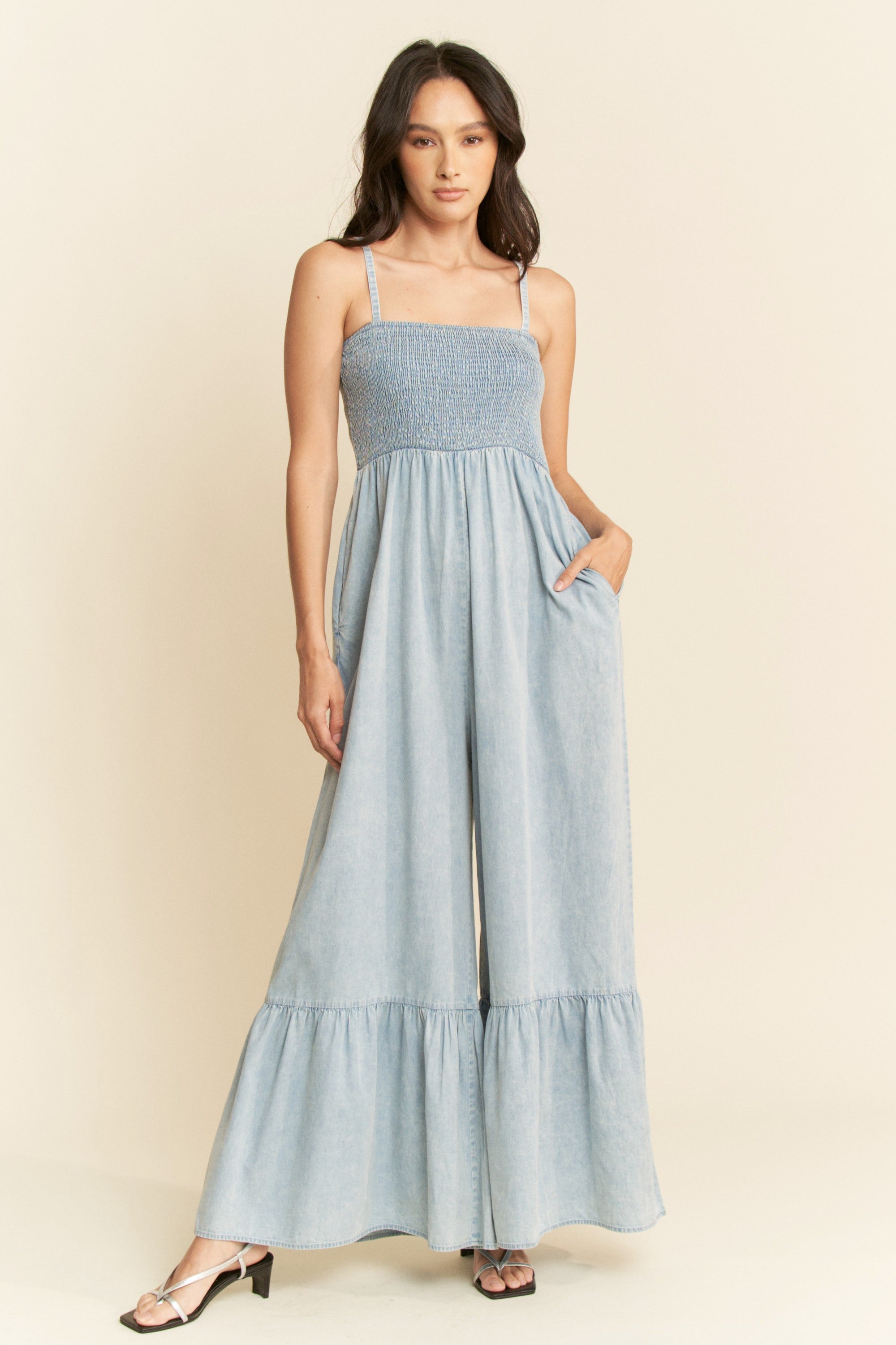 Smocked Mineral Washed Jumpsuit