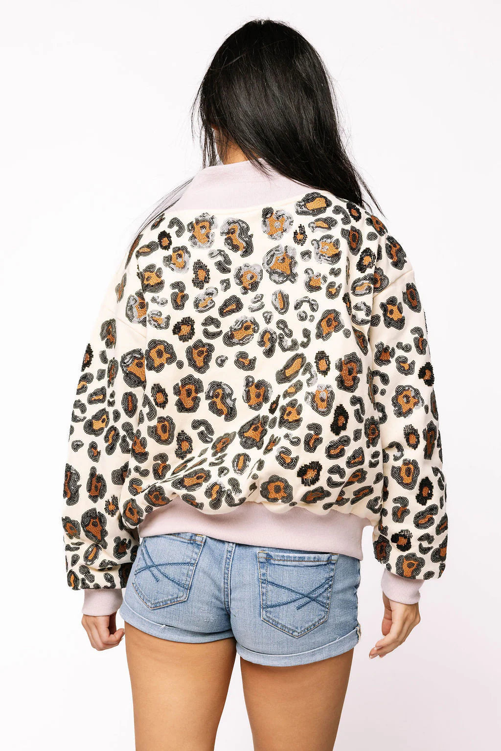 Ivory Leopard Mock Neck Sweatshirt With Light Pink Trim | Queen of Sparkles