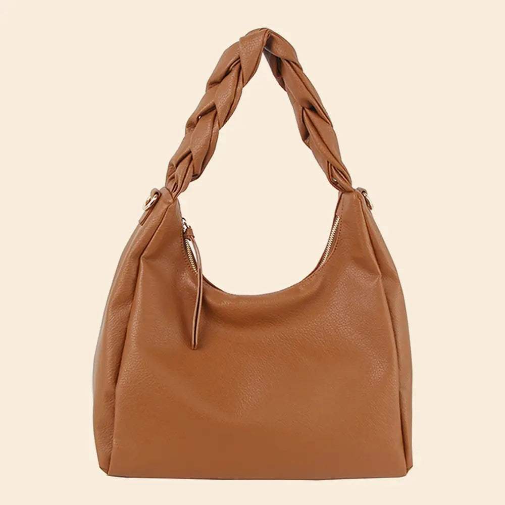 Faux Leather Braided Handle Hobo Hand Bag
