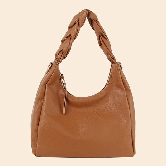 Faux Leather Braided Handle Hobo Hand Bag
