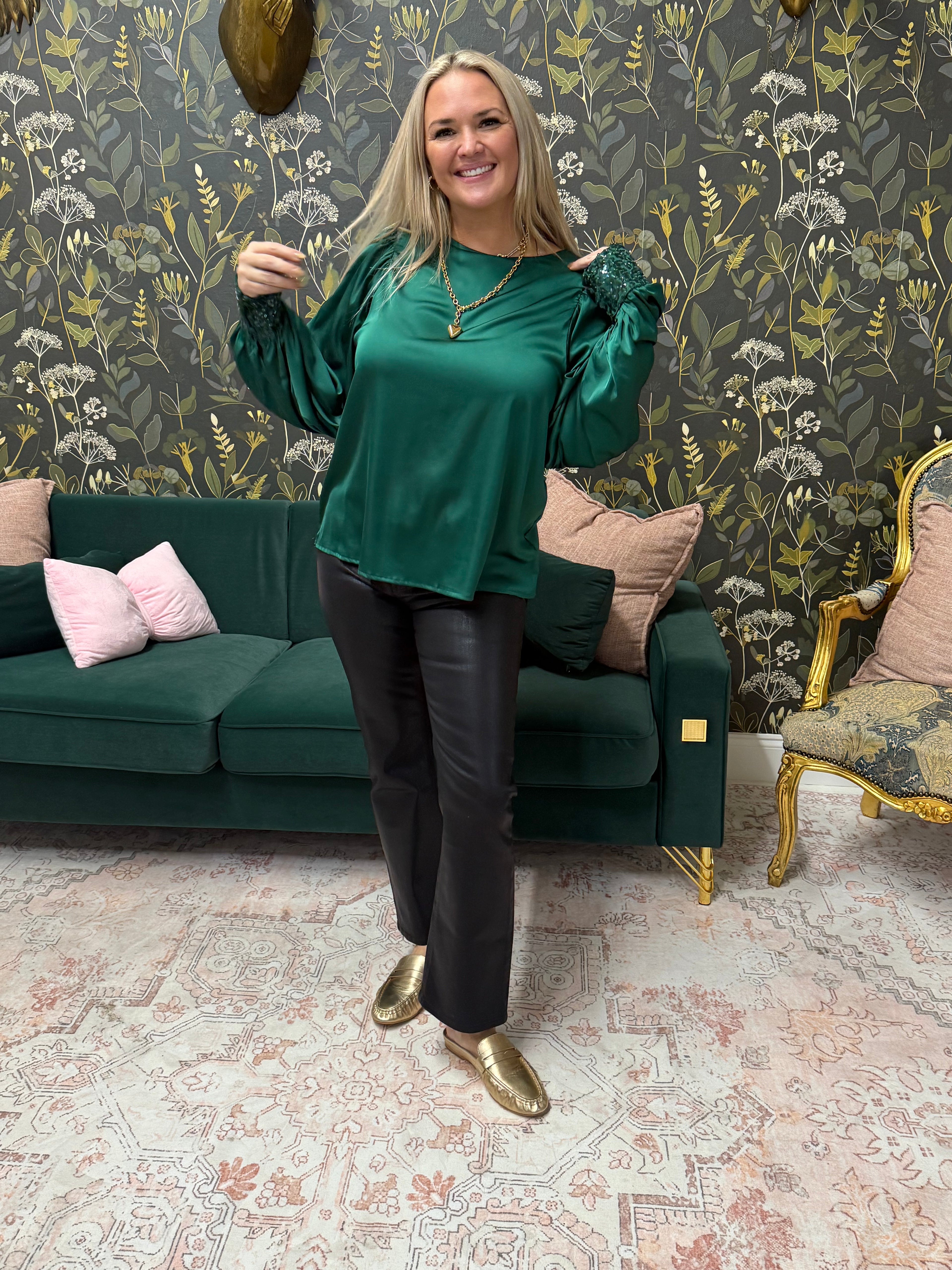 Sequin Cuff Satin Blouse