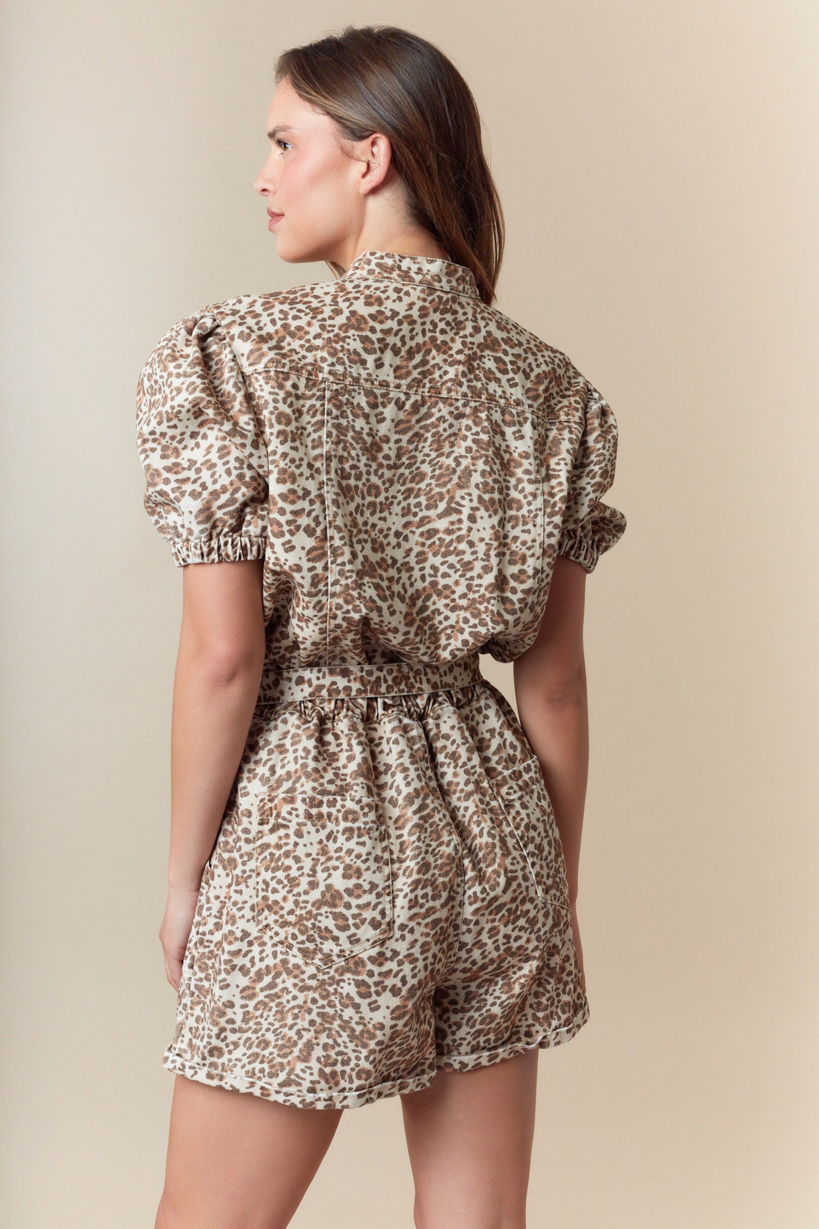 Washed Denim Leopard Belt Romper