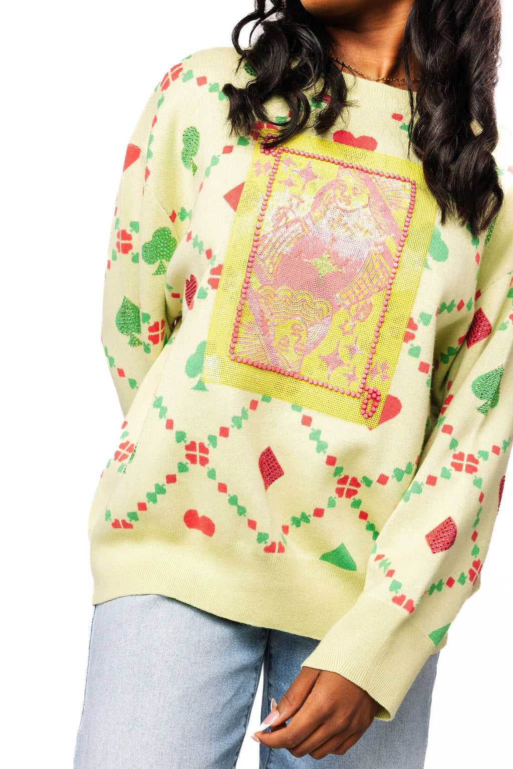 Light Green Multi QOS Card Logo & Suits Sweater | Queen of Sparkles