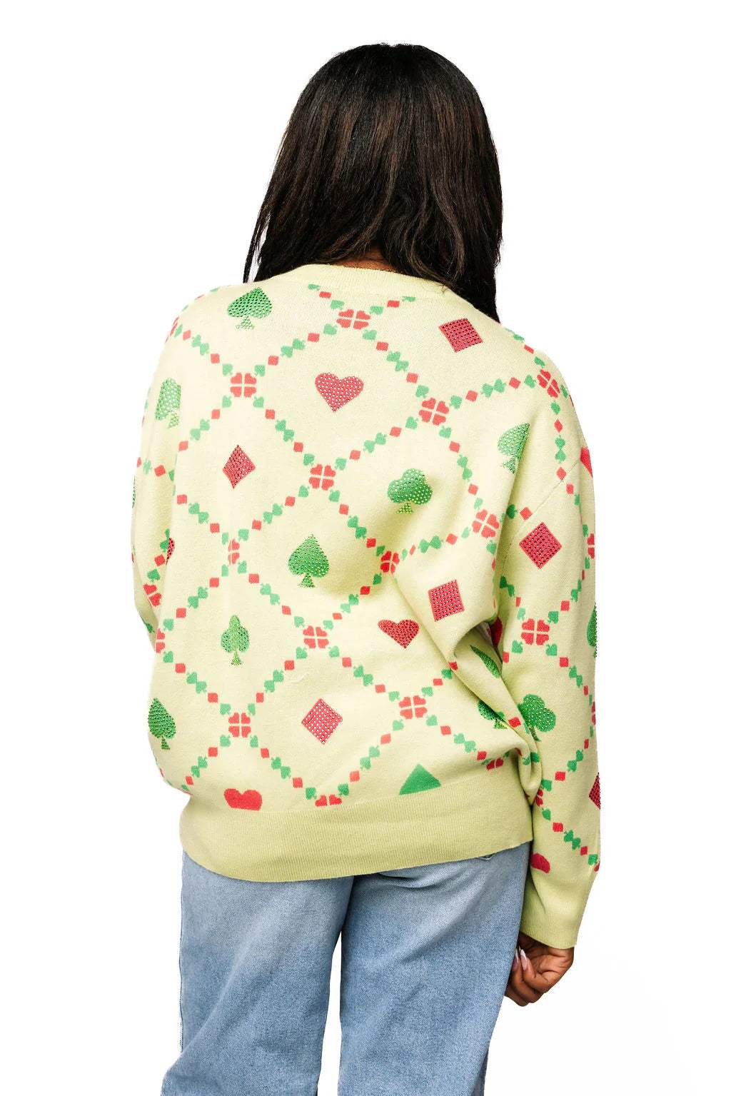 Light Green Multi QOS Card Logo & Suits Sweater | Queen of Sparkles