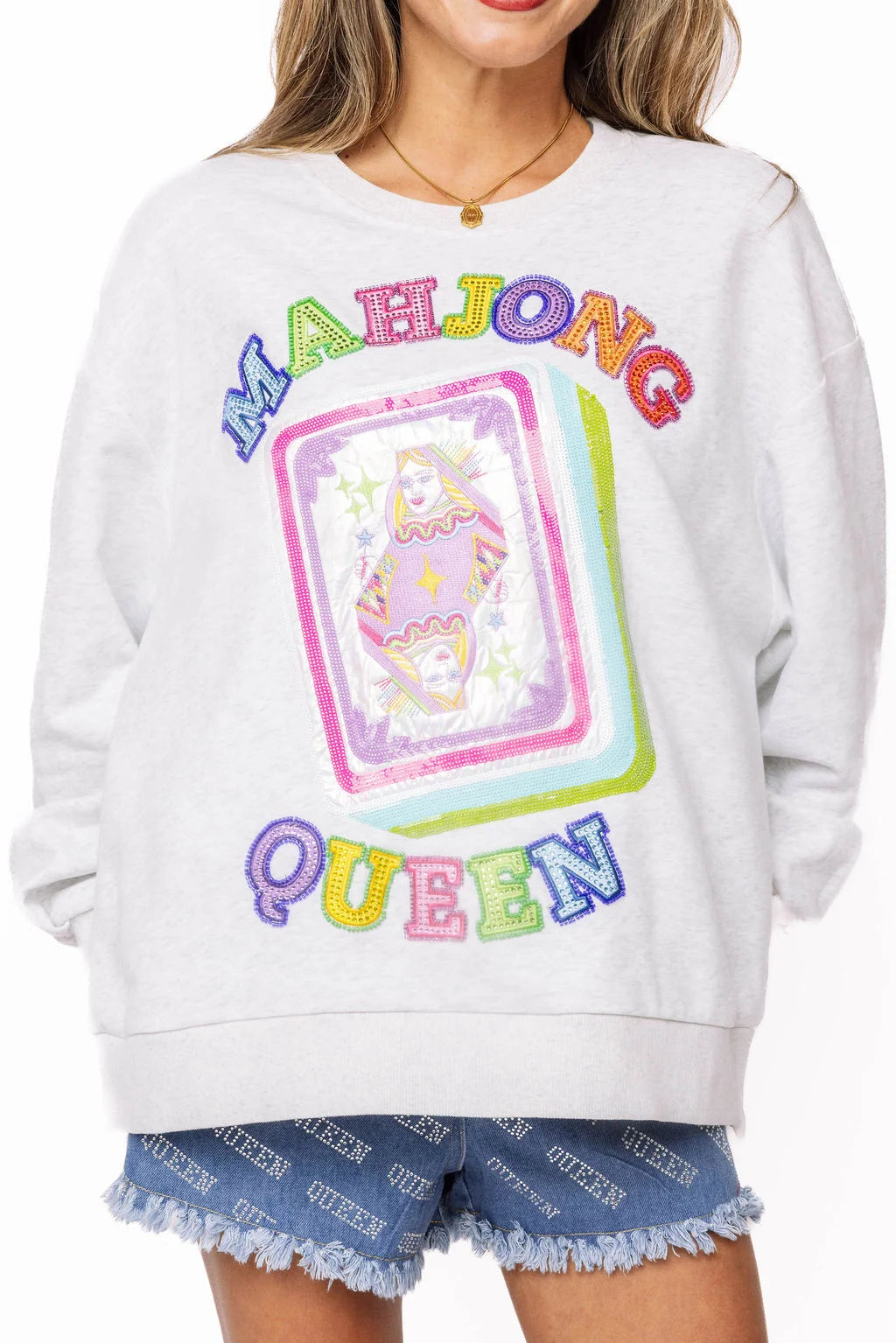 Grey 'Mahjong Queen' QOS Card Tile Sweatshirt | Queen of Sparkles