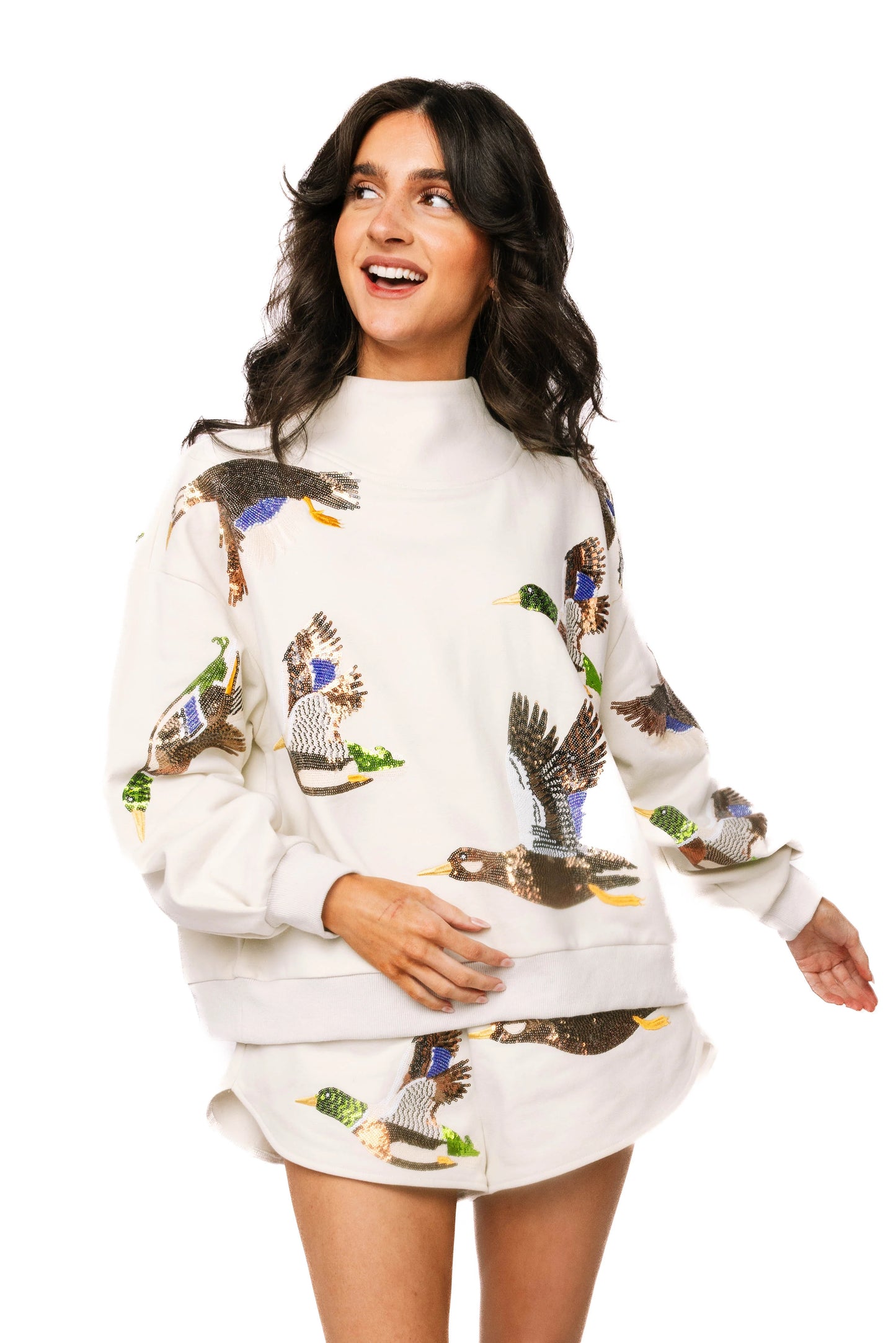 Ivory Flying Ducks Mock Neck Sweatshirt | Queen of Sparkles