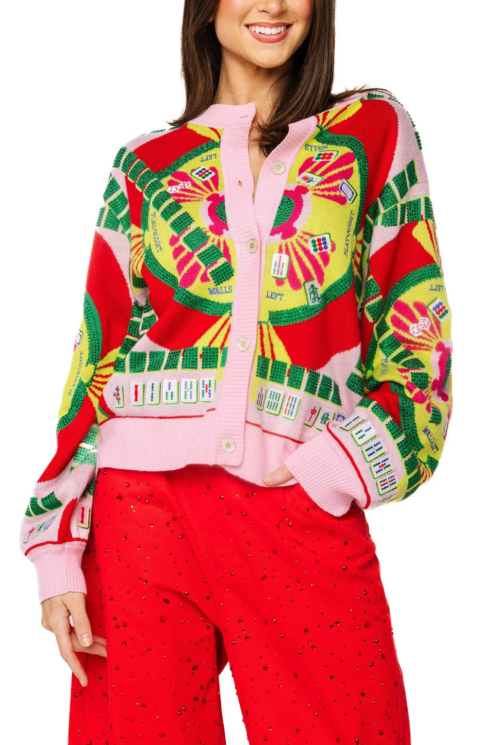 Light Pink Multi Mahjong Button Up Cardigan | Queen of Sparkles