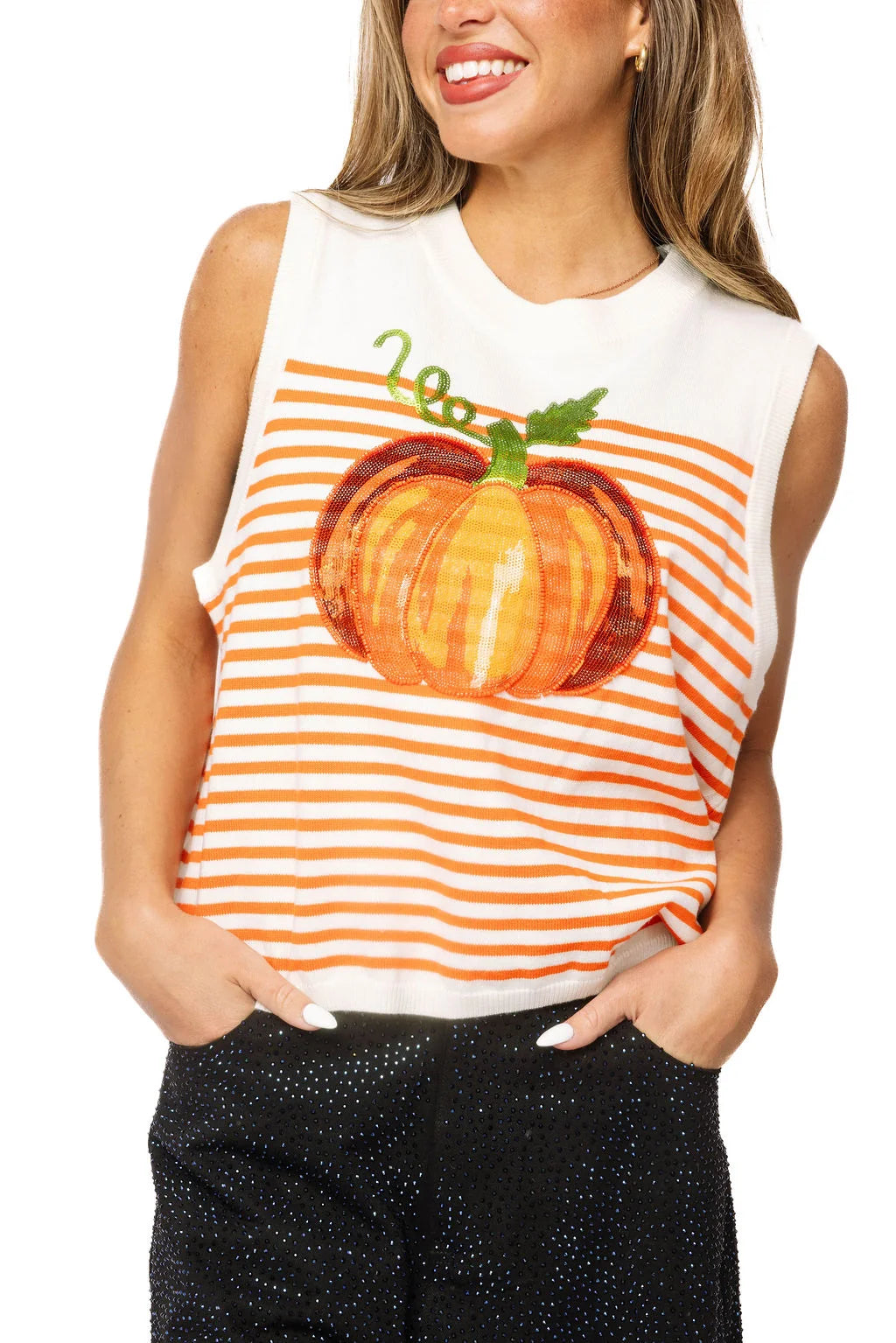 Ivory & Orange Striped Pumpkin Knit Tank | Queen of Sparkles