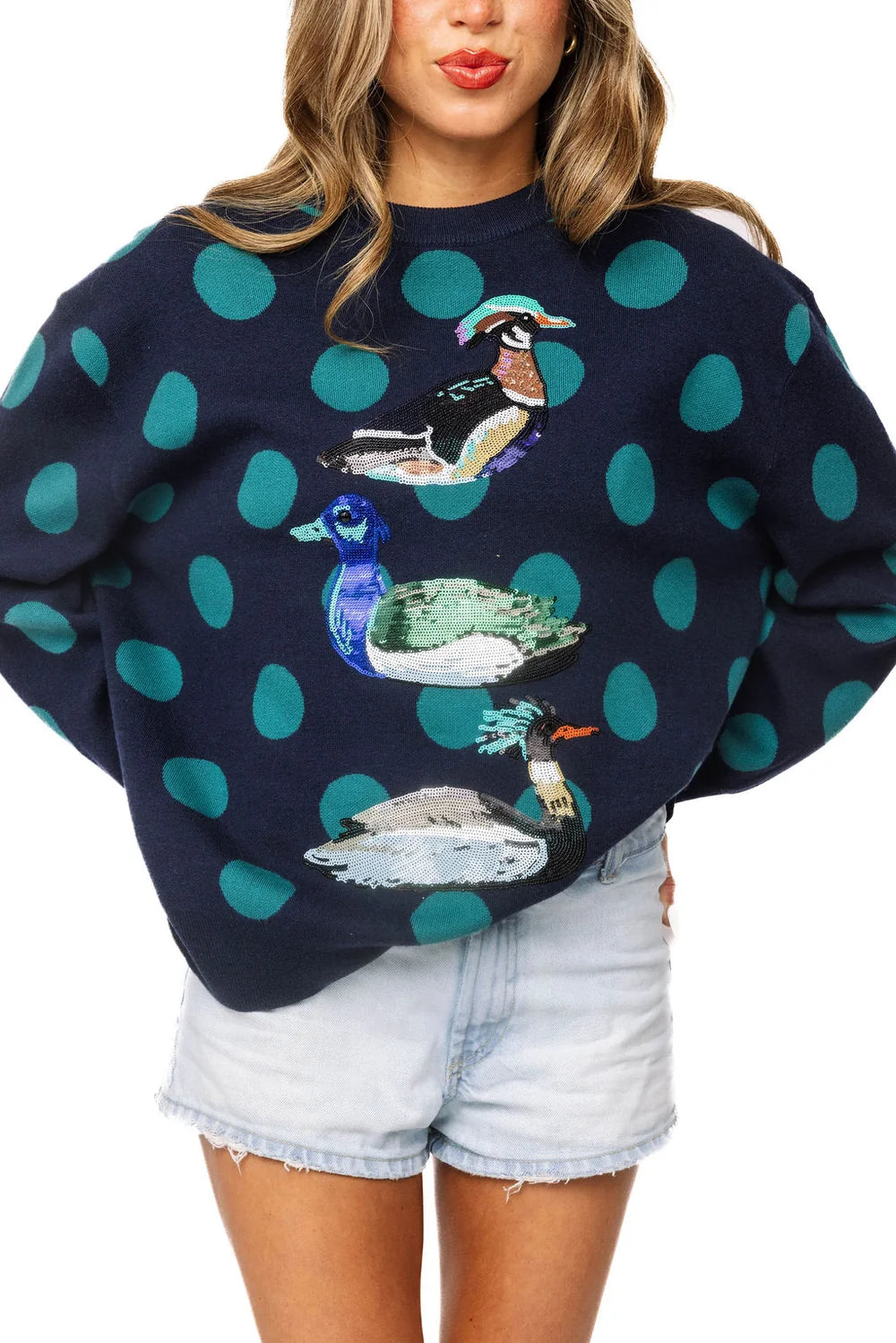 Navy Polkadot Duck Sweater | Queen of Sparkles