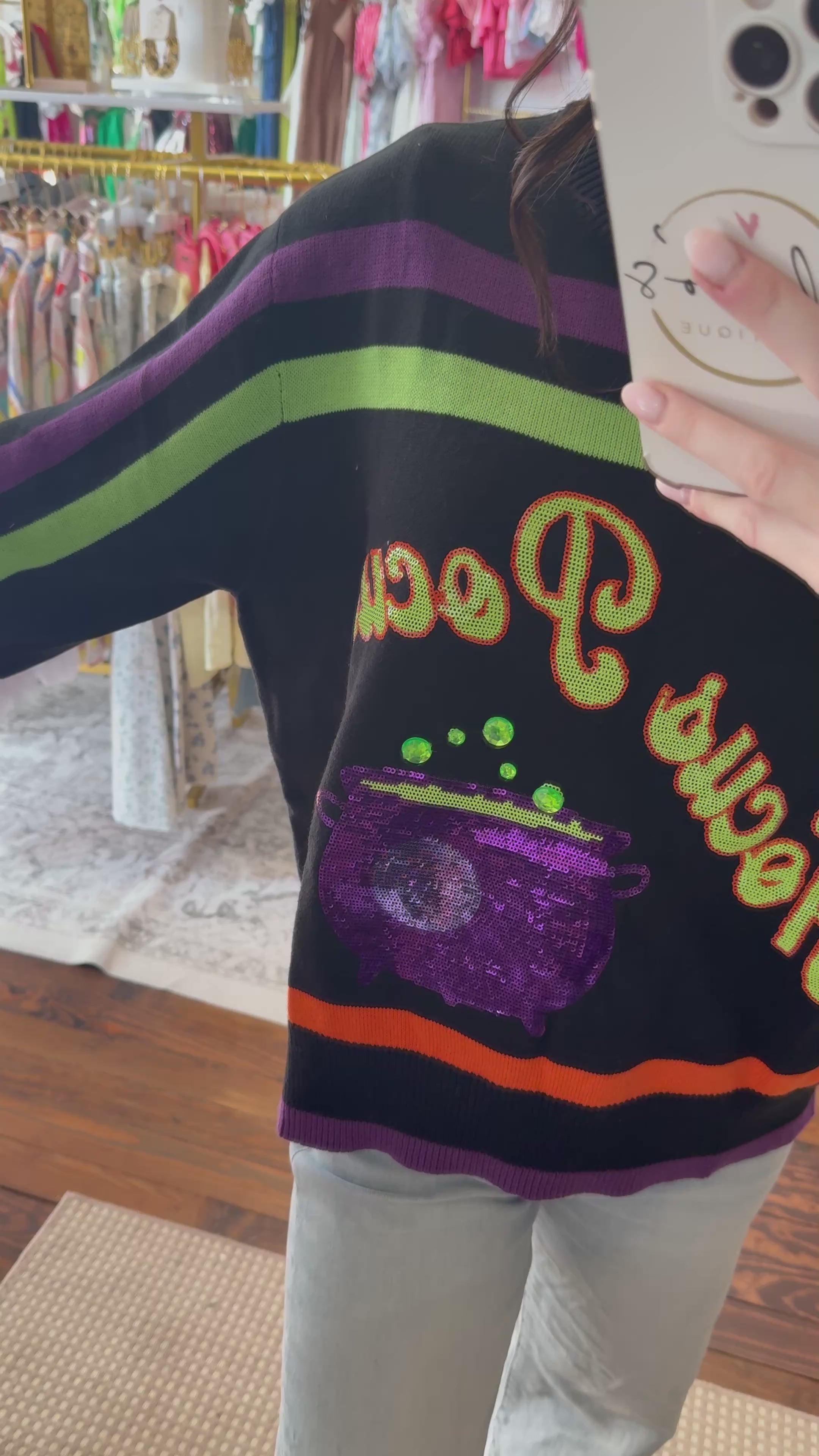 Black, Purple, Orange & Green Stripe 'Hocus Pocus' Long Sleeve Sweater | Queen of Sparkles