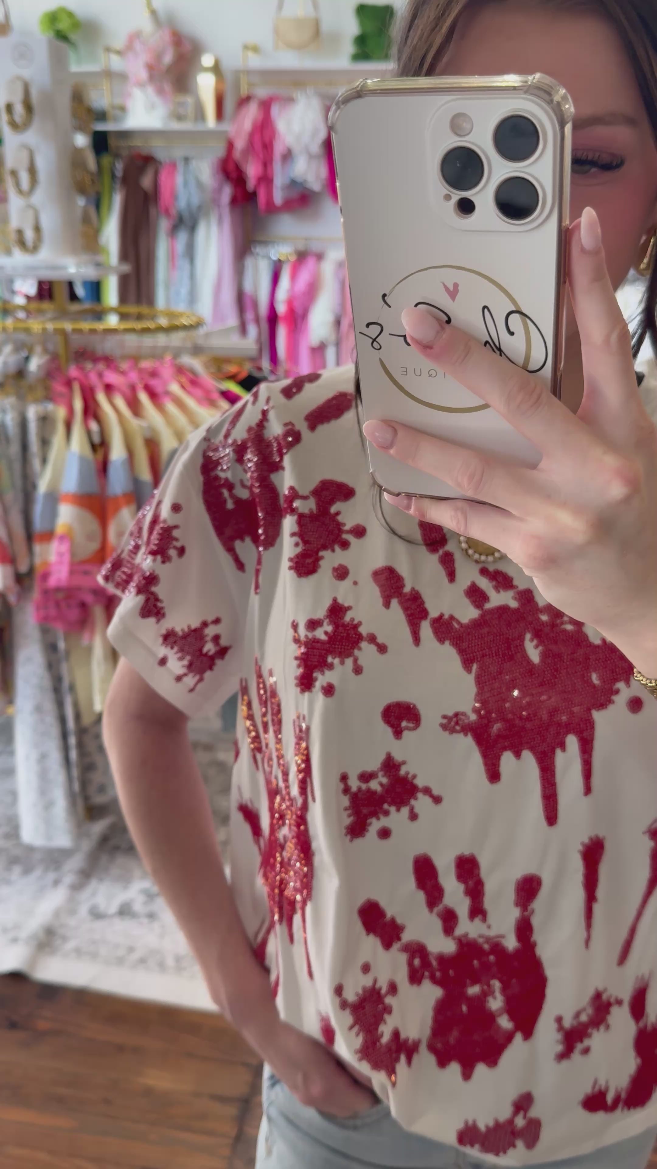 White Sequin Bloody Hands Tee | Queen of Sparkles