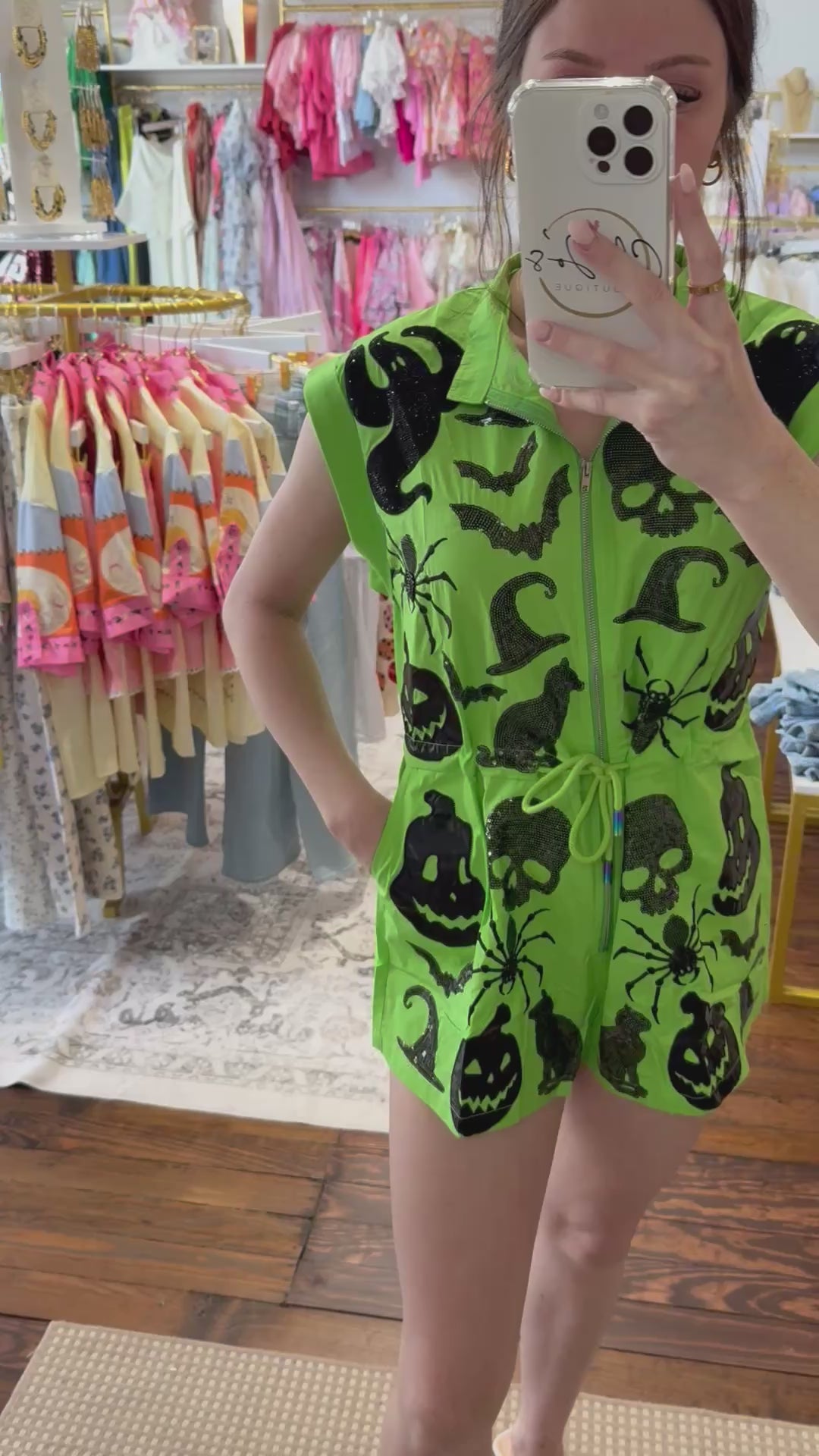 Bright Green & Black Halloween Icon Zip Up Romper | Queen of Sparkles