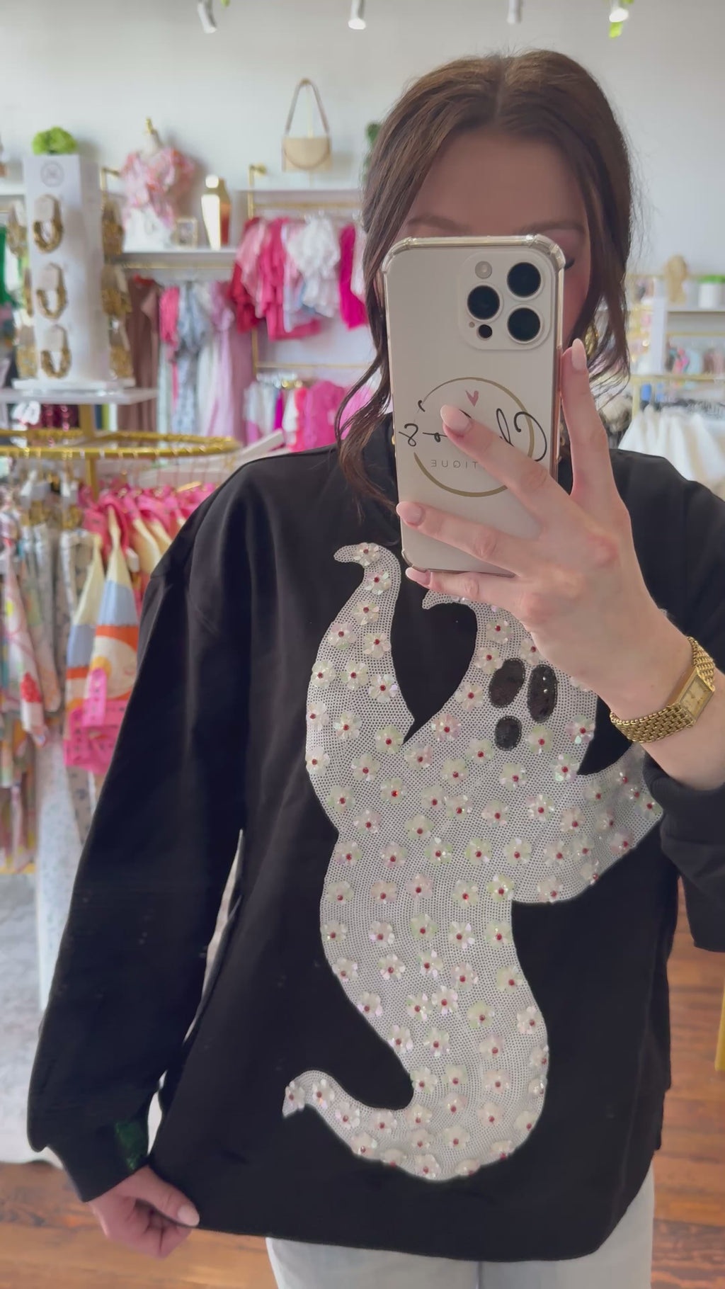Black & White Flower Sequin Ghost Sweatshirt | Queen of Sparkles