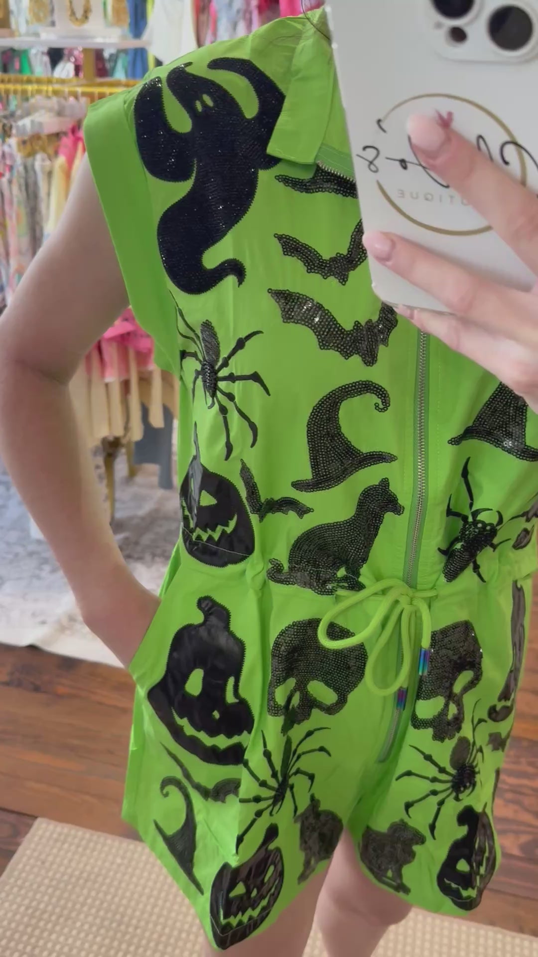 Bright Green & Black Halloween Icon Zip Up Romper | Queen of Sparkles