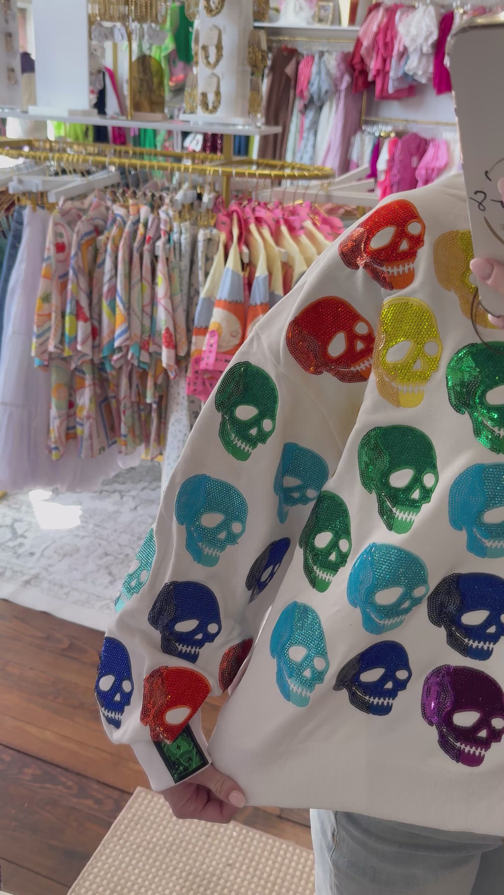 White Rainbow Skulls Sweatshirt | Queen of Sparkles