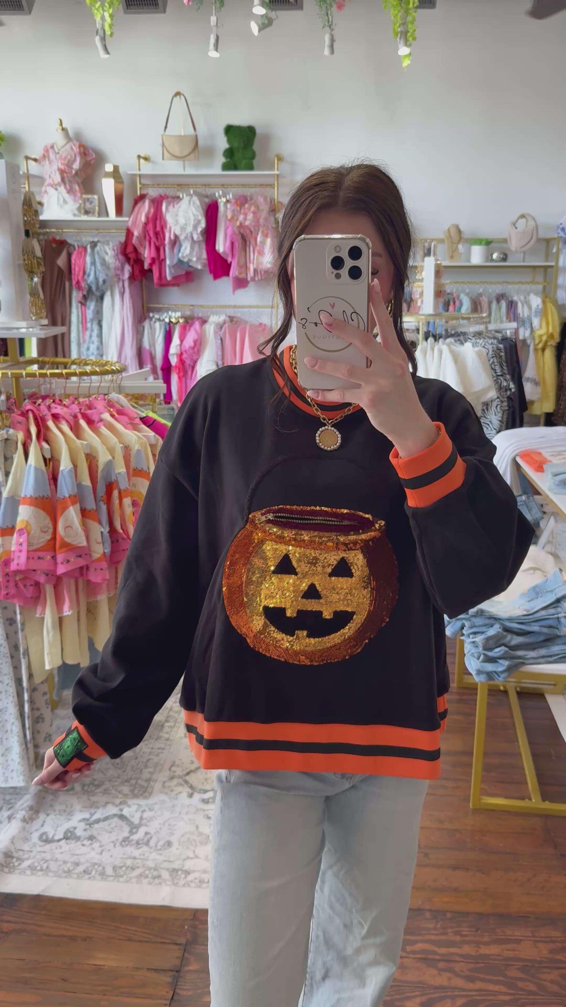 Black Halloween Pumpkin Candy Bucket Sweatshirt | Queen of Sparkles