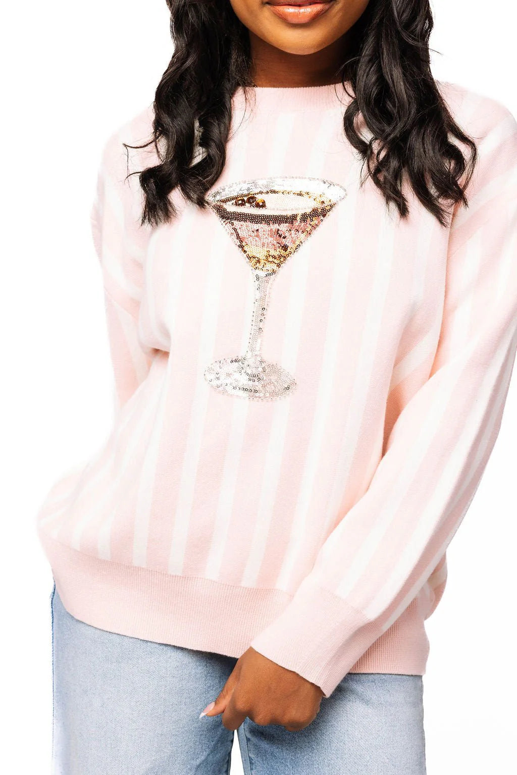 Light Pink & White Stripe Espresso Martini Sweater | Queen of Sparkles
