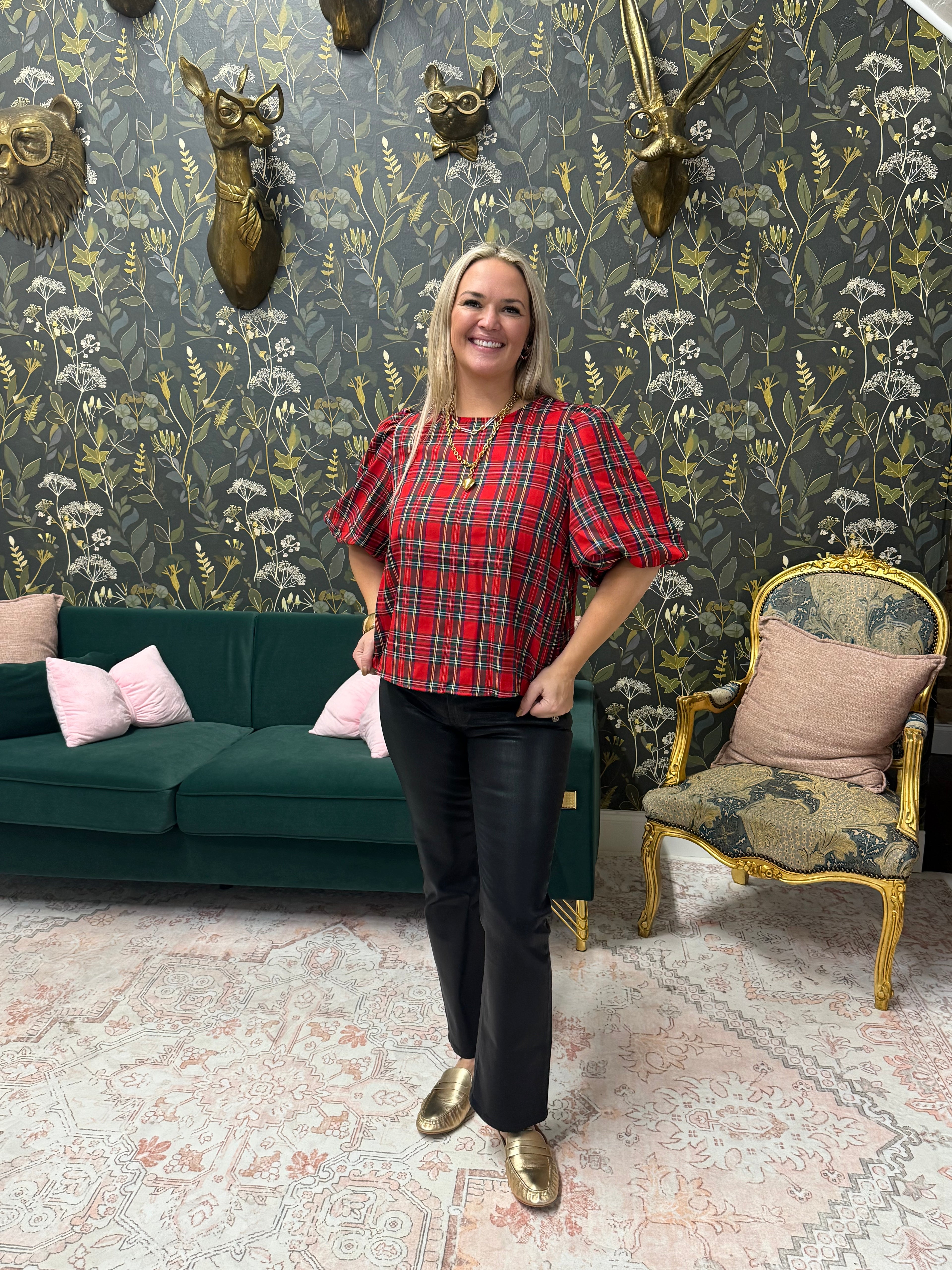 V-Back 2 Bow Plaid Blouse