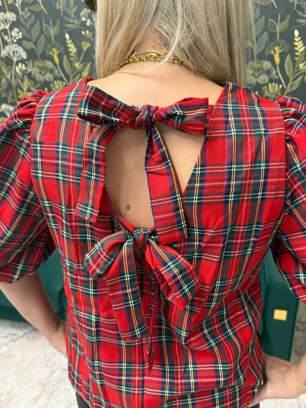 V-Back 2 Bow Plaid Blouse