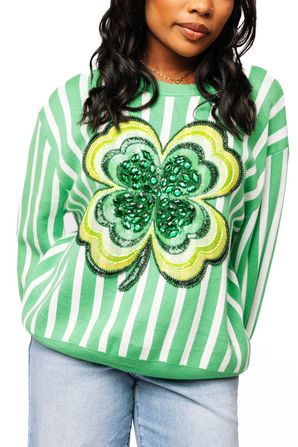 Green & White Stripe Shamrock Sweater | Queen of Sparkles