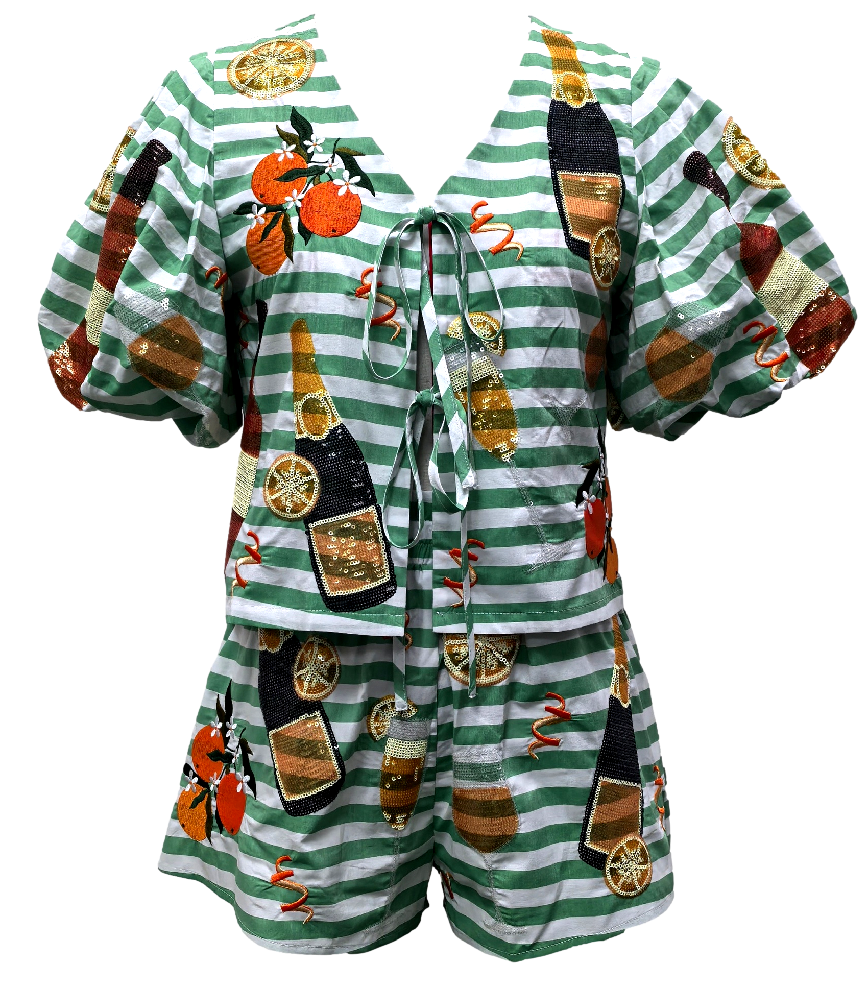 Green & White Stripe Cotton Mimosa Icon Poof Sleeve Tie Top | Queen of Sparkles