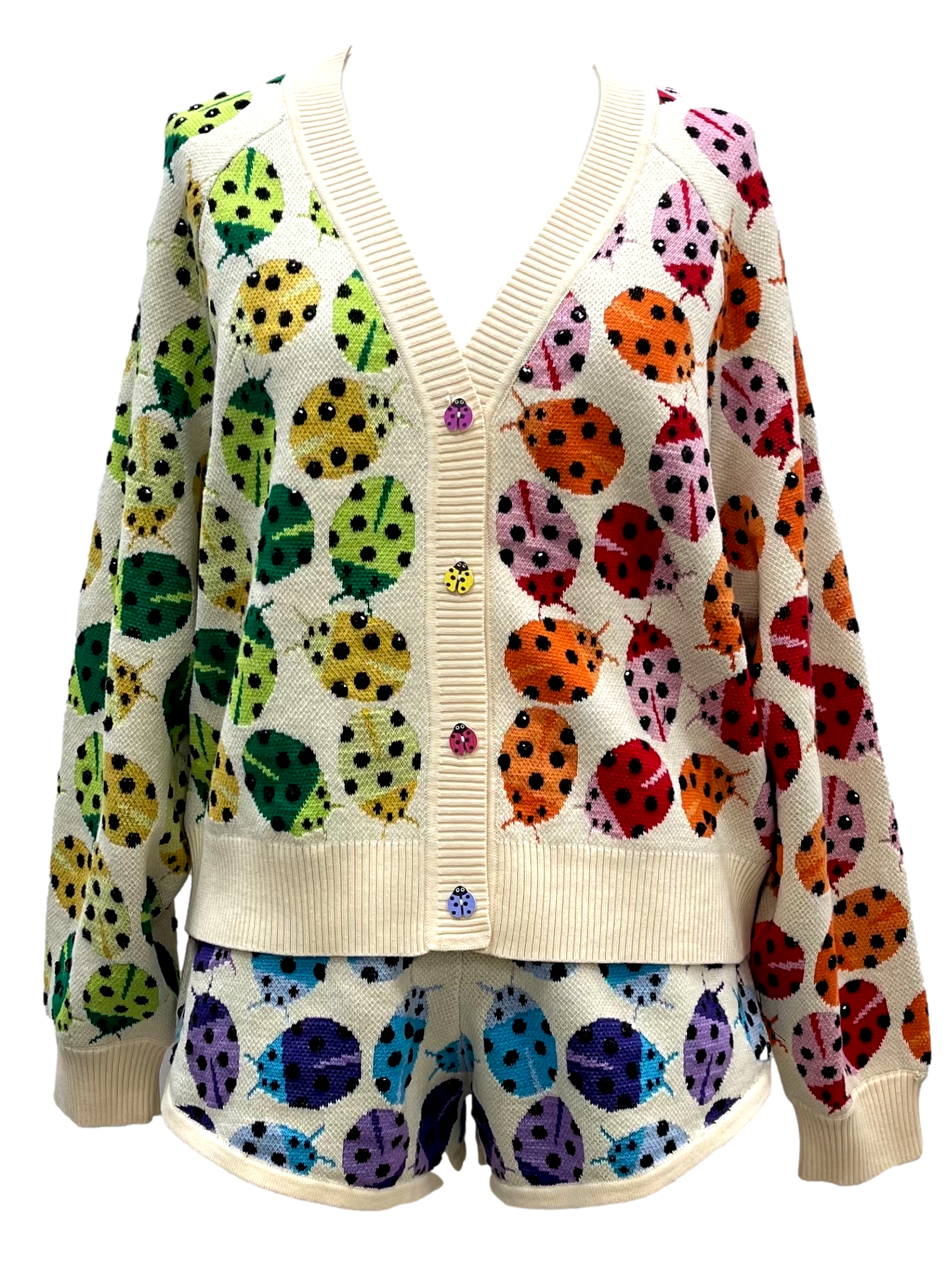 Beige Rainbow Lady Bug Button Up Cardigan | Queen of Sparkles | PLUS SIZE AVAILABLE